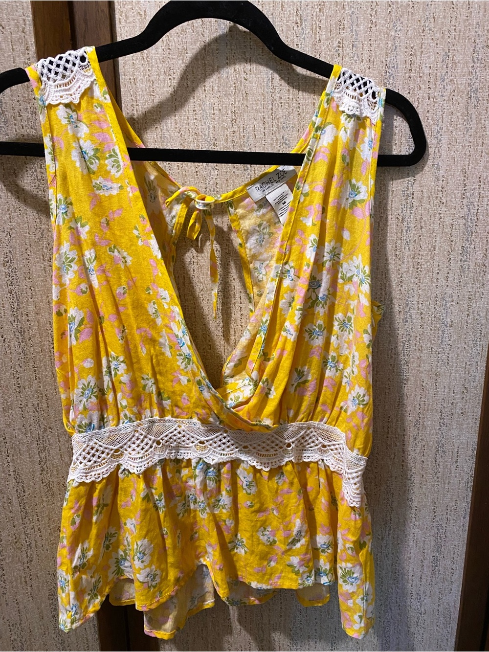 Rachel Zoe Yellow Floral Lace-Trim V-Neck Top